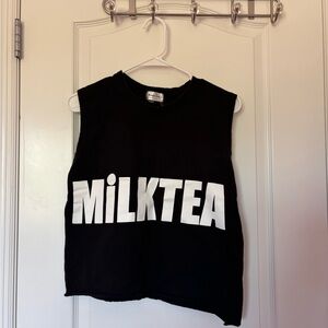 Black Sleeveless Top with White 'MILKTEA' Print